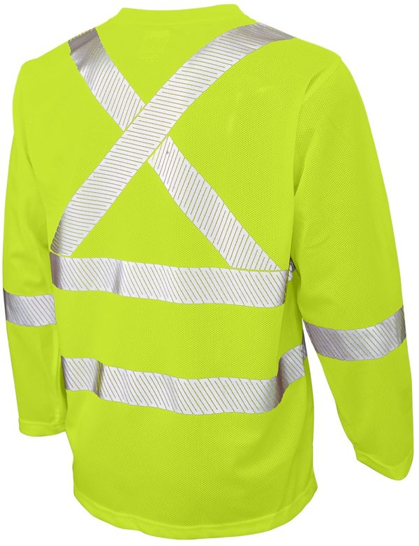 Am image of a Custom Tough Duck Mesh Long Sleeve Safety Tee with Segmented Stripes in Fluorescent Green!