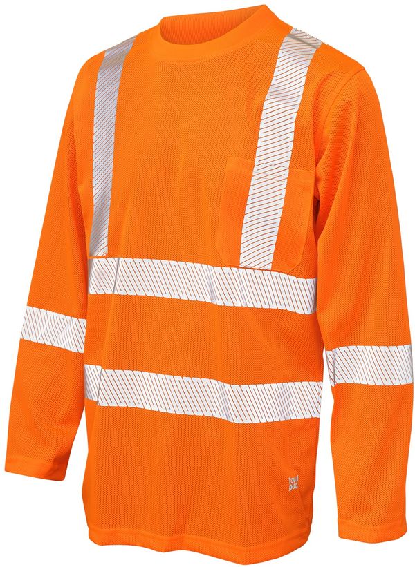 Am image of a Custom Tough Duck Mesh Long Sleeve Safety Tee with Segmented Stripes in Fluorescent Orange!