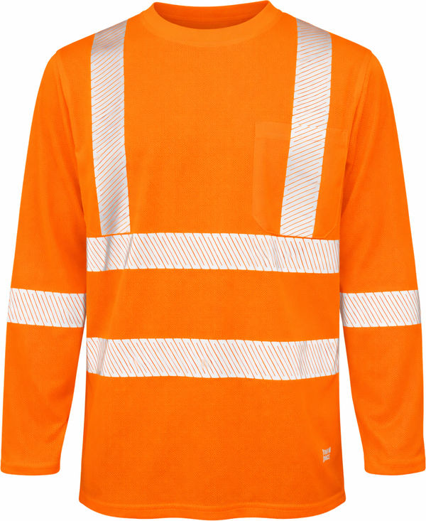 An image of a Custom Tough Duck Mesh Long Sleeve Safety Tee with Segmented Stripes in Fluorescent Orange!
