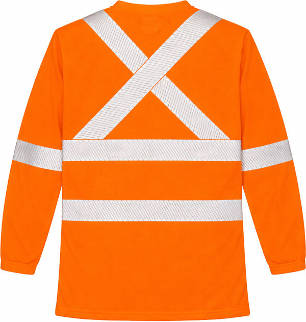 An image of a Custom Tough Duck Mesh Long Sleeve Safety Tee with Segmented Stripes in Fluorescent Orange!