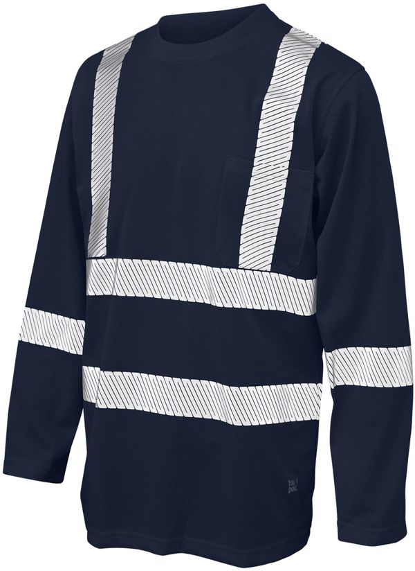 Am image of a Custom Tough Duck Mesh Long Sleeve Safety Tee with Segmented Stripes in Navy!