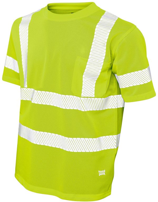 Am image of a Custom Tough Duck Mesh Safety Tee with Segmented Stripes in Fluorescent Green!