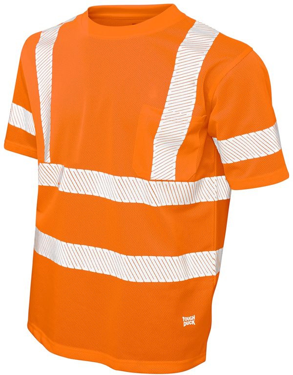 Am image of a Custom Tough Duck Mesh Safety Tee with Segmented Stripes in Fluorescent Orange!