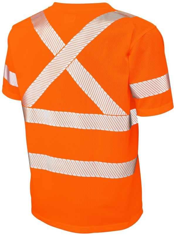 Am image of a Custom Tough Duck Mesh Safety Tee with Segmented Stripes in Fluorescent Orange!