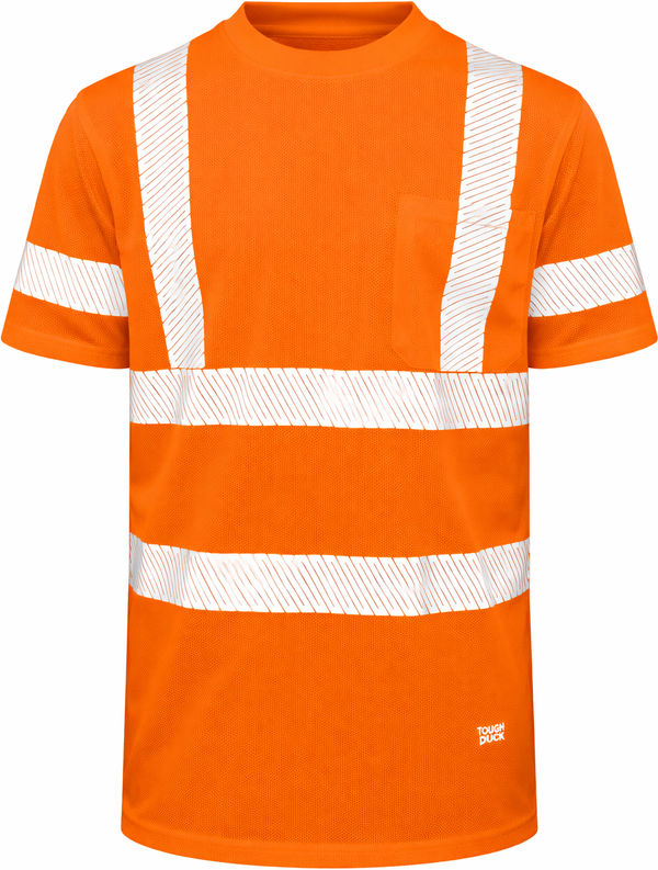 An image of a Custom Tough Duck Mesh Safety Tee with Segmented Stripes in Fluorescent Orange!