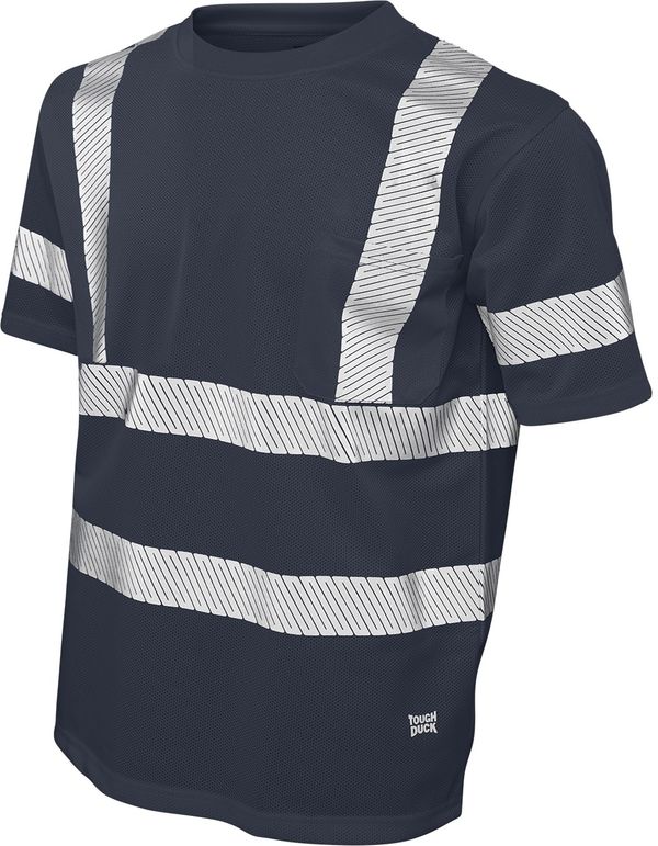 Am image of a Custom Tough Duck Mesh Safety Tee with Segmented Stripes in Navy!