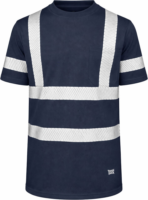 An image of a Custom Tough Duck Mesh Safety Tee with Segmented Stripes in Navy!