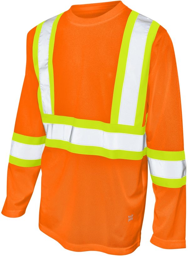 Am image of a Custom Tough Duck Micro Mesh Long Sleeve Safety TShirt in Fluorescent Orange!
