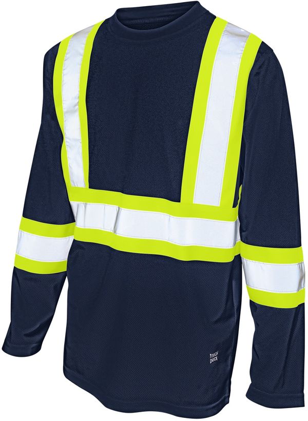 Am image of a Custom Tough Duck Micro Mesh Long Sleeve Safety TShirt in Navy!