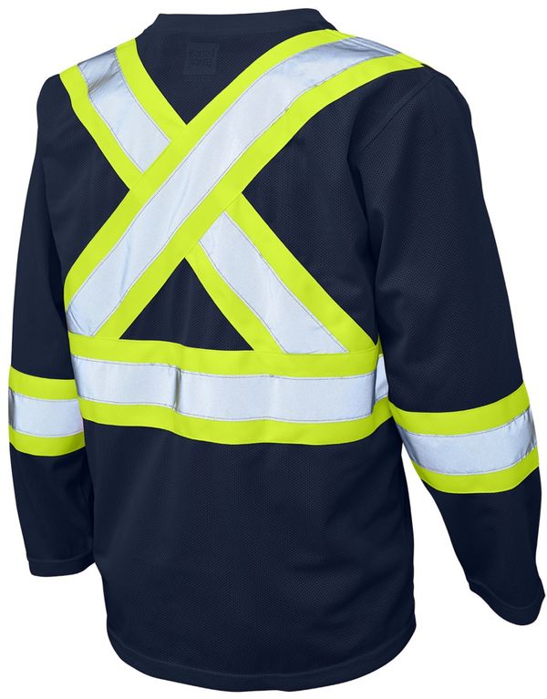 Am image of a Custom Tough Duck Micro Mesh Long Sleeve Safety TShirt in Navy!