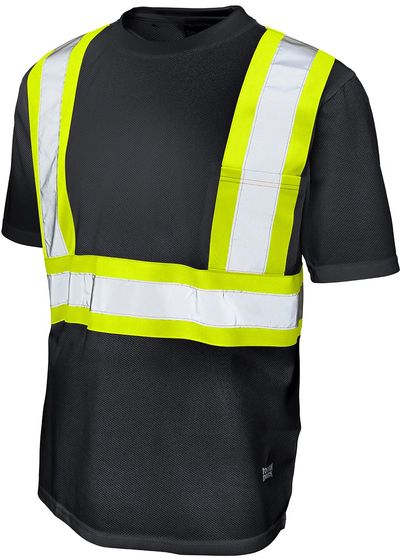 Am image of a Custom Tough Duck Micro Mesh Safety Tee with Pocket in Black!