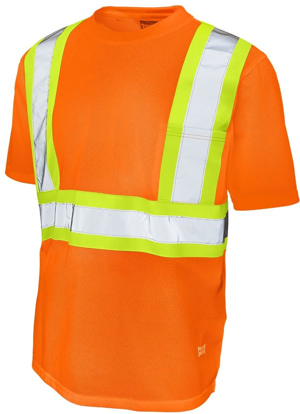 Am image of a Custom Tough Duck Micro Mesh Safety Tee with Pocket in Fluorescent Orange!