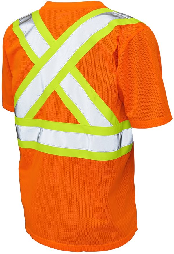 Am image of a Custom Tough Duck Micro Mesh Safety Tee with Pocket in Fluorescent Orange!