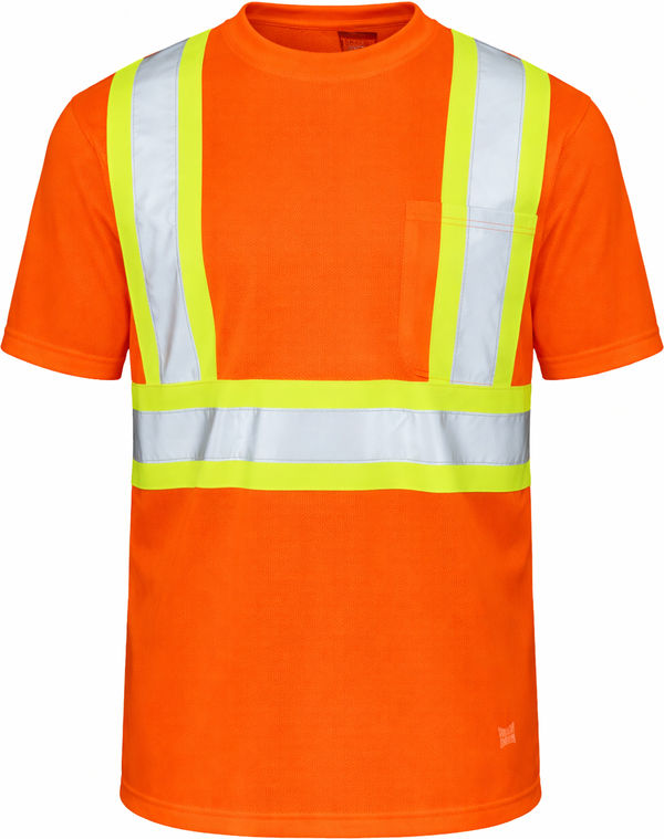 An image of a Custom Tough Duck Micro Mesh Safety Tee with Pocket in Fluorescent Orange!