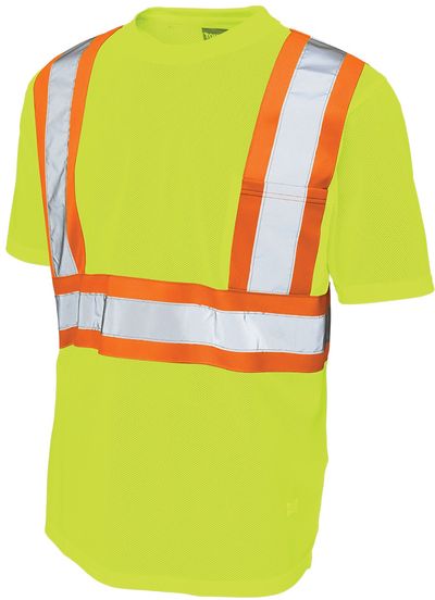 Am image of a Custom Tough Duck Micro Mesh Safety Tee with Pocket in Fluorescent Yellow/Green!