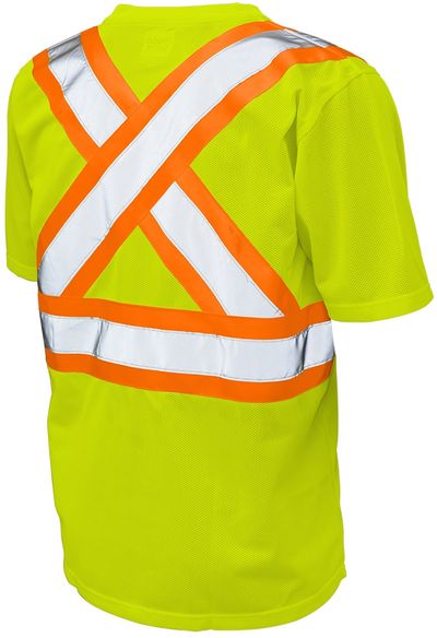 Am image of a Custom Tough Duck Micro Mesh Safety Tee with Pocket in Fluorescent Yellow/Green!