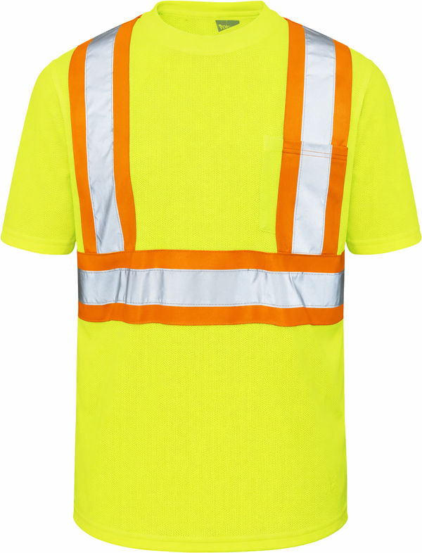 An image of a Custom Tough Duck Micro Mesh Safety Tee with Pocket in Fluorescent Yellow/Green!