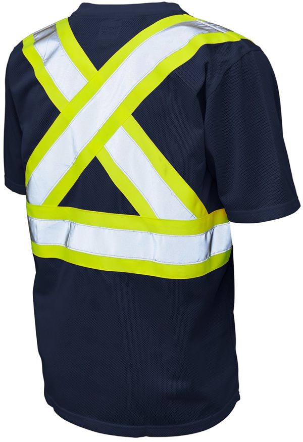 Am image of a Custom Tough Duck Micro Mesh Safety Tee with Pocket in Navy!