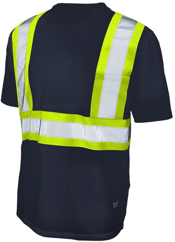 Am image of a Custom Tough Duck Micro Mesh Safety Tee with Pocket in Navy!