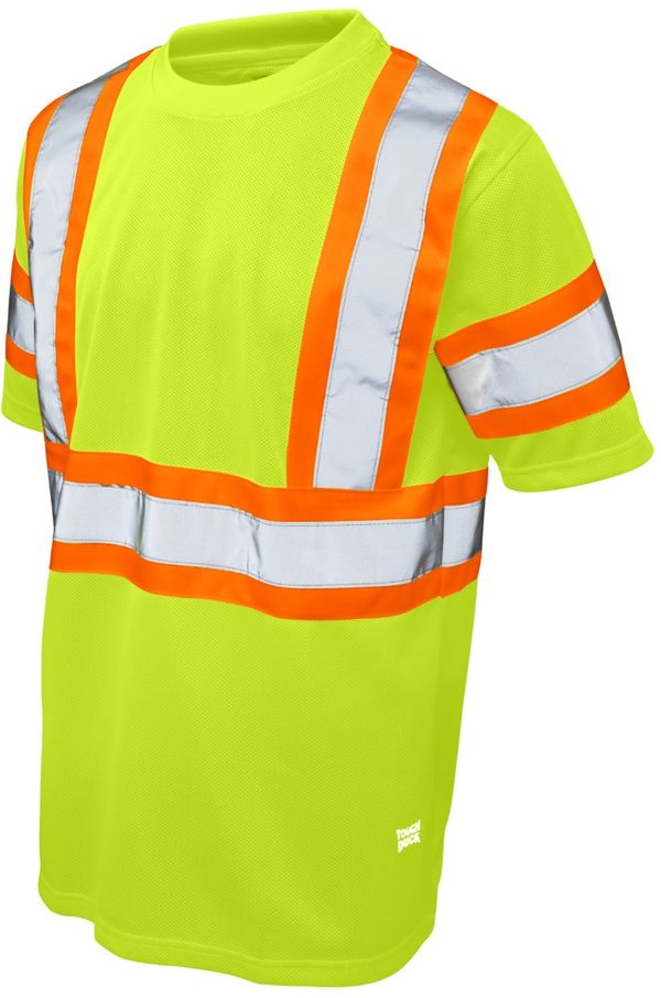 Am image of a Custom Tough Duck Micro Mesh Safety TShirt in Fluorescent Green!