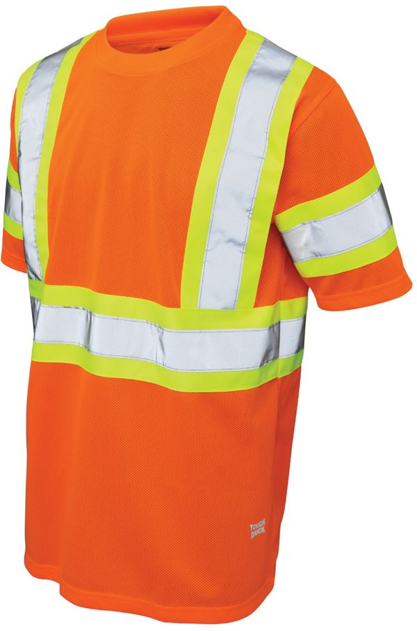 Am image of a Custom Tough Duck Micro Mesh Safety TShirt in Fluorescent Orange!