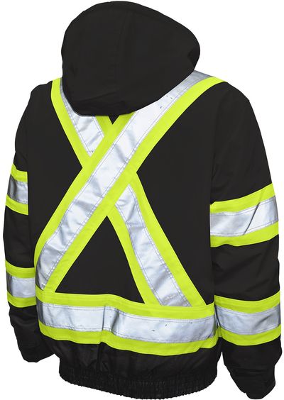 Am image of a Custom Tough Duck PolyOxford 3 in 1 Safety Bomber in Black!