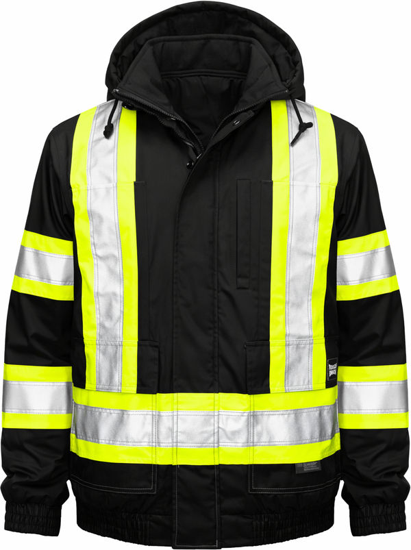 An image of a Custom Tough Duck PolyOxford 3 in 1 Safety Bomber in Black!