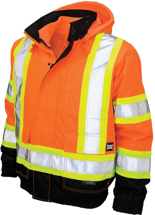 Am image of a Custom Tough Duck PolyOxford 3 in 1 Safety Bomber in Fluorescent Orange!