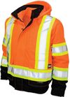 Am image of a Custom Tough Duck PolyOxford 3 in 1 Safety Bomber in Fluorescent Orange!