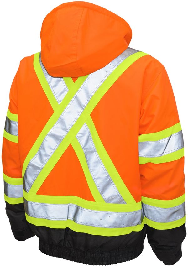 Am image of a Custom Tough Duck PolyOxford 3 in 1 Safety Bomber in Fluorescent Orange!