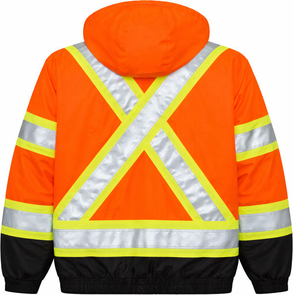 An image of a Custom Tough Duck PolyOxford 3 in 1 Safety Bomber in Fluorescent Orange!
