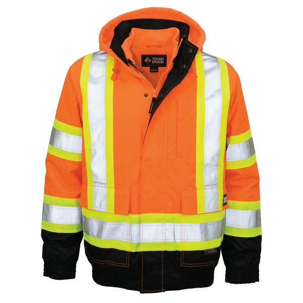 An image of a Custom Tough Duck PolyOxford 3 in 1 Safety Bomber in Fluorescent Orange!