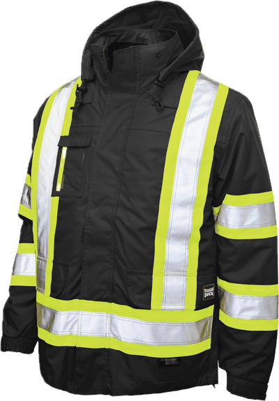 Am image of a Custom Tough Duck PolyOxford Insulated Safety 5 in 1 Jacket in Black!