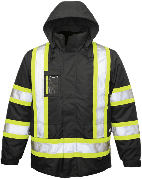 An image of a Custom Tough Duck PolyOxford Insulated Safety 5 in 1 Jacket in Black!