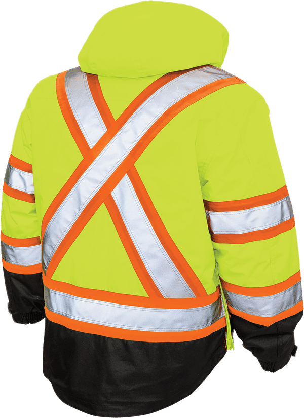 An image of a Custom Tough Duck PolyOxford Insulated Safety 5 in 1 Jacket in Fluorescent Green!