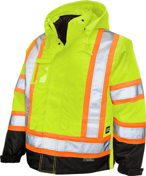 An image of a Custom Tough Duck PolyOxford Insulated Safety 5 in 1 Jacket in Fluorescent Green!