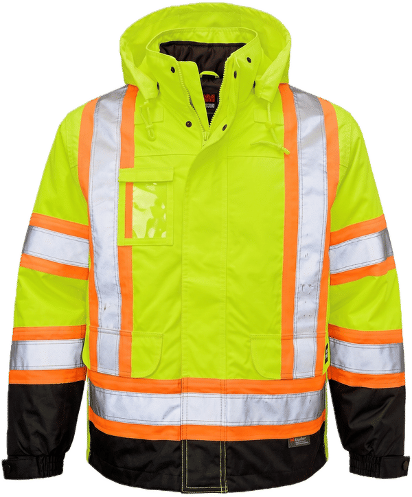 An image of a Custom Tough Duck PolyOxford Insulated Safety 5 in 1 Jacket in Fluorescent Green!
