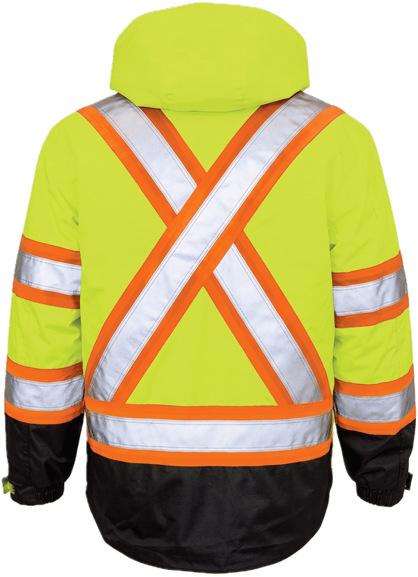 An image of a Custom Tough Duck PolyOxford Insulated Safety 5 in 1 Jacket in Fluorescent Green!
