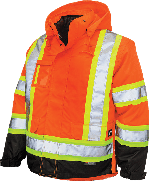 Am image of a Custom Tough Duck PolyOxford Insulated Safety 5 in 1 Jacket in Fluorescent Orange!
