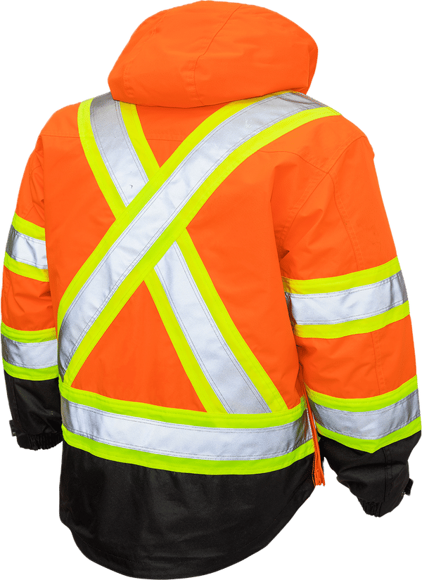Am image of a Custom Tough Duck PolyOxford Insulated Safety 5 in 1 Jacket in Fluorescent Orange!