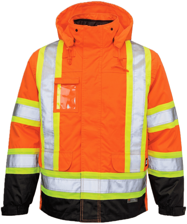 An image of a Custom Tough Duck PolyOxford Insulated Safety 5 in 1 Jacket in Fluorescent Orange!