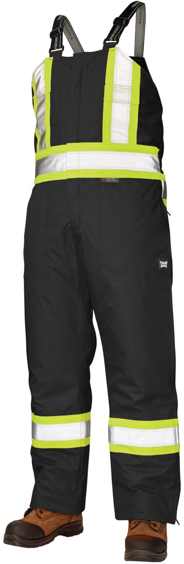 Am image of a Custom Tough Duck PolyOxford Insulated Safety Bib Overall in Black!