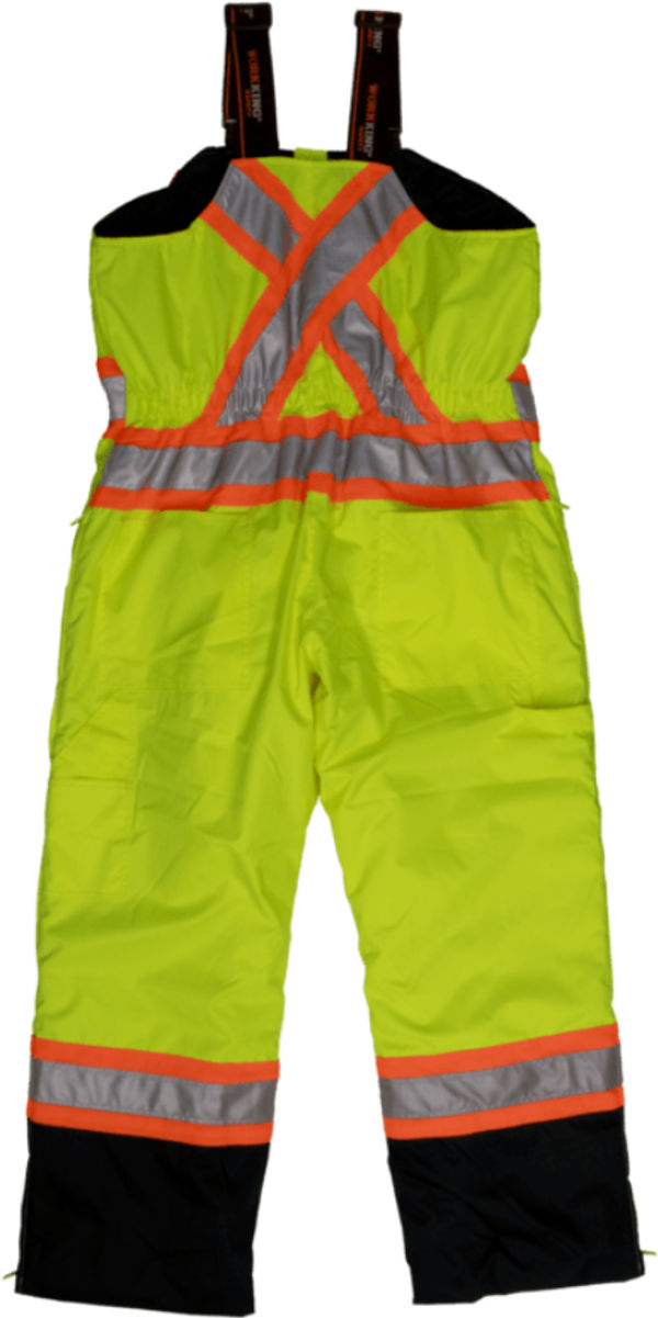 An image of a Custom Tough Duck PolyOxford Insulated Safety Bib Overall in Fluorescent Green!