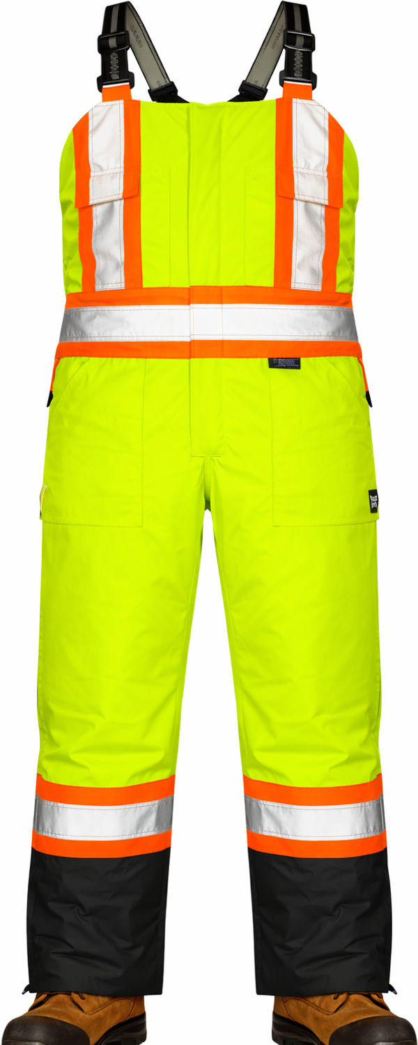 An image of a Custom Tough Duck PolyOxford Insulated Safety Bib Overall in Fluorescent Green!