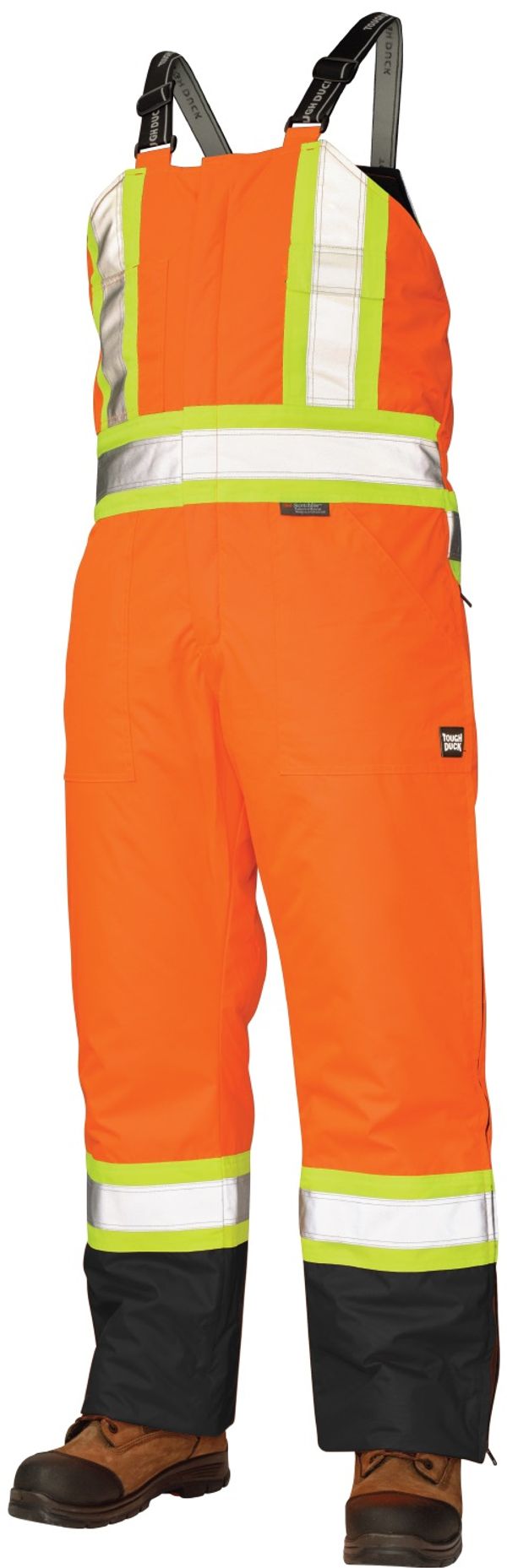 Am image of a Custom Tough Duck PolyOxford Insulated Safety Bib Overall in Fluorescent Orange!