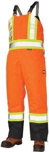 Am image of a Custom Tough Duck PolyOxford Insulated Safety Bib Overall in Fluorescent Orange!