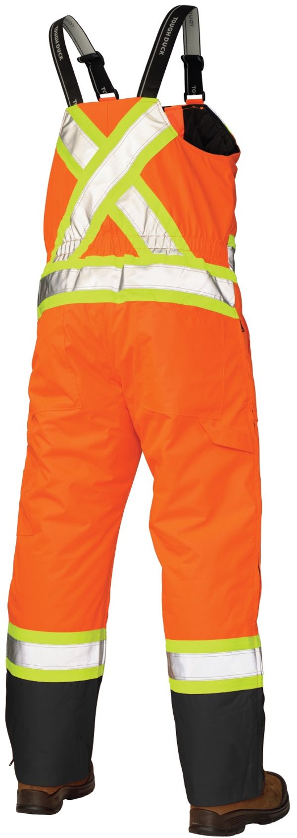Am image of a Custom Tough Duck PolyOxford Insulated Safety Bib Overall in Fluorescent Orange!