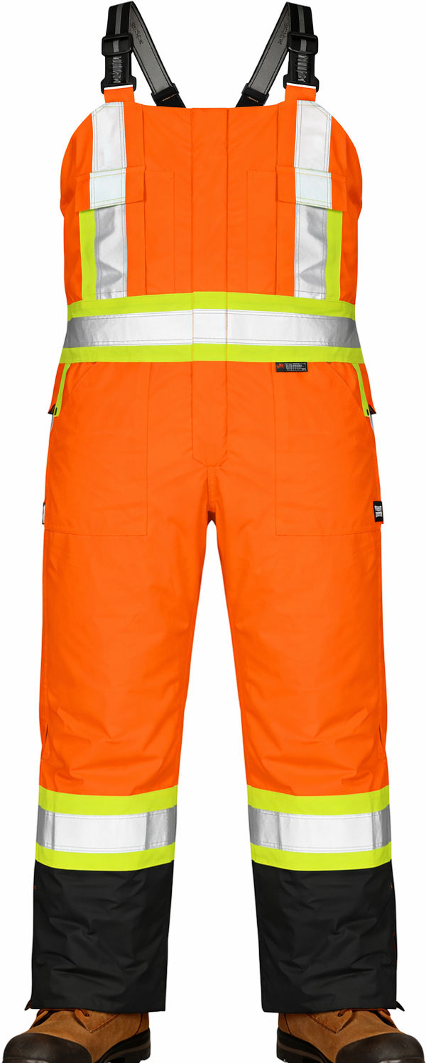 An image of a Custom Tough Duck PolyOxford Insulated Safety Bib Overall in Fluorescent Orange!