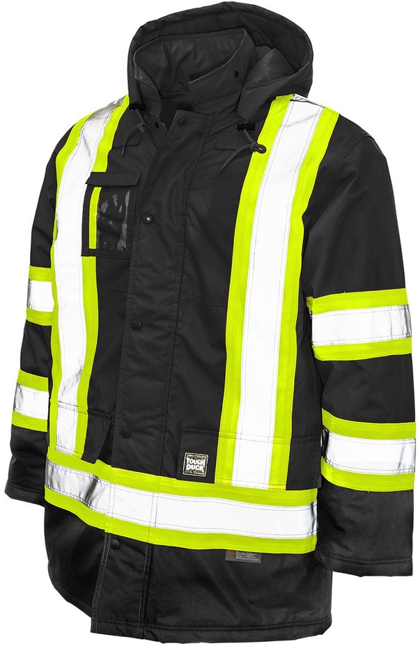 Am image of a Custom Tough Duck PolyOxford Insulated Safety Parka in Black!