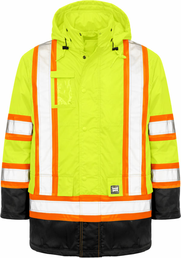 An image of a Custom Tough Duck PolyOxford Insulated Safety Parka in Fluorescent Green!